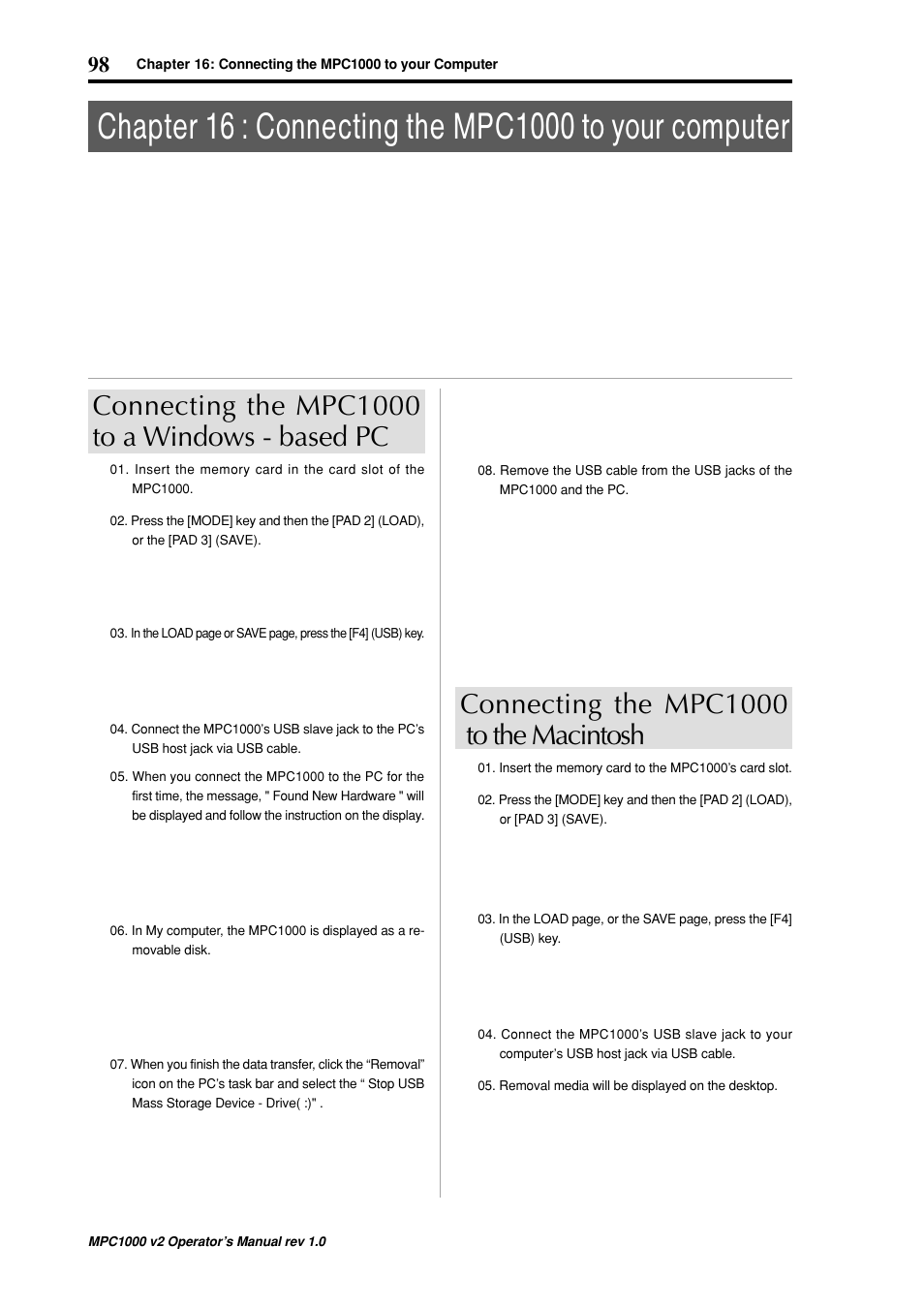 Connecting the mpc1000 to a windows - based pc, Connecting the mpc1000 to the macintosh | Akai MPC 1000 User Manual | Page 108 / 120