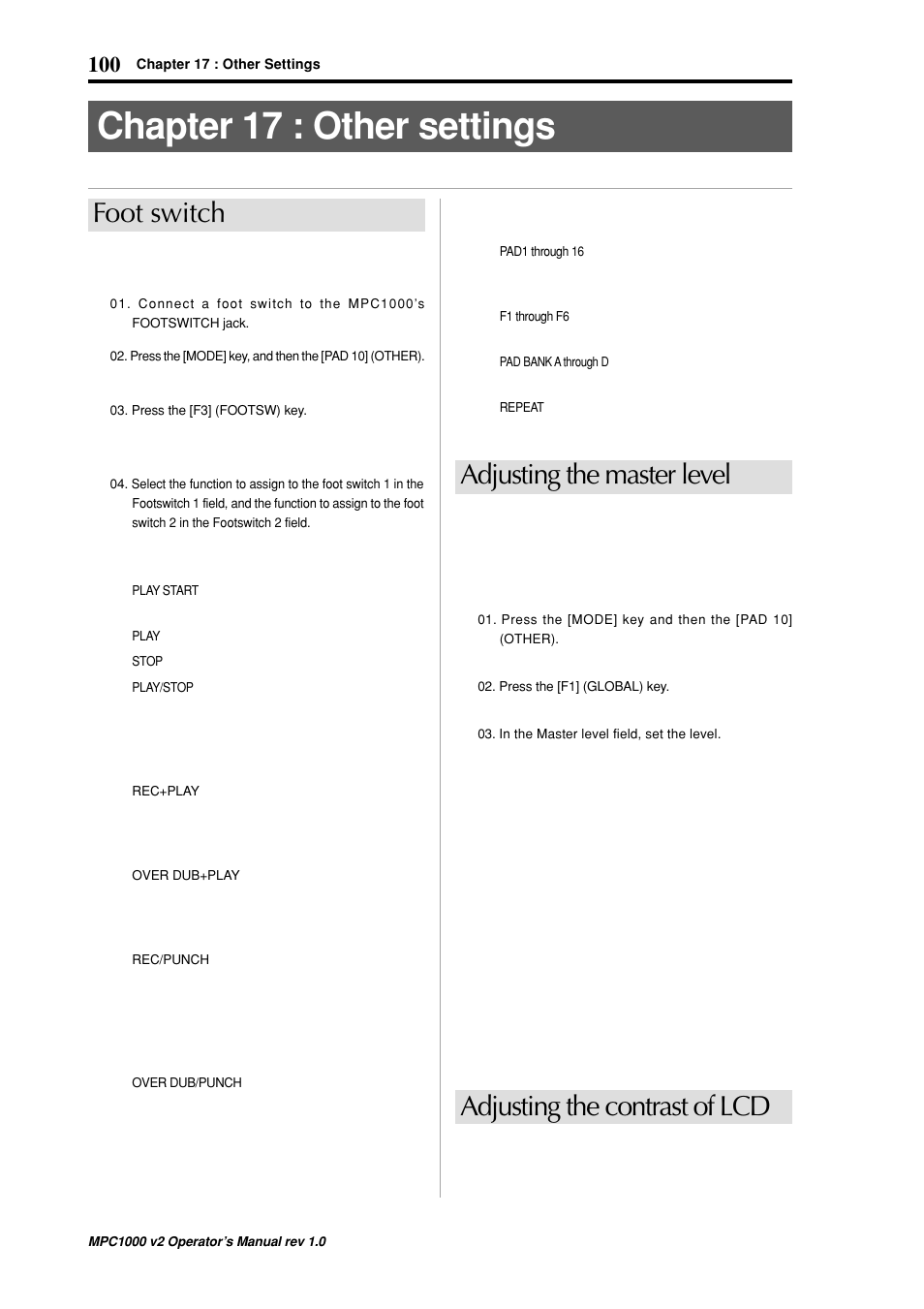 Chapter 17 : other settings, Foot switch, Adjusting the contrast of lcd | Adjusting the master level | Akai MPC 1000 User Manual | Page 110 / 120
