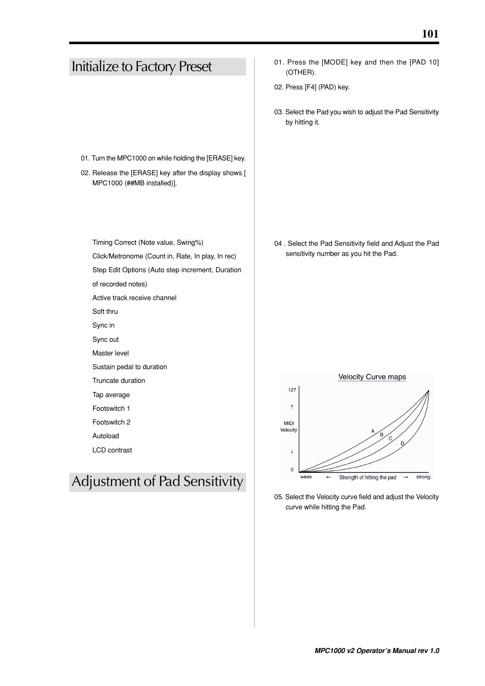 Initialize to factory preset, Adjustment of pad sensitivity | Akai MPC 1000 User Manual | Page 111 / 120