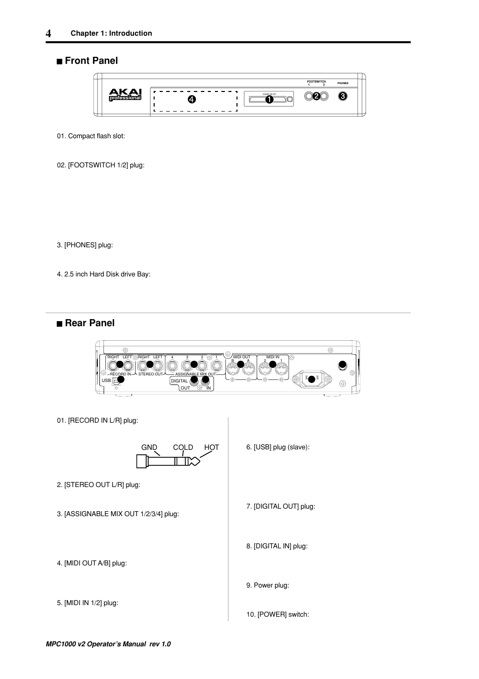 Front panel, Rear panel | Akai MPC 1000 User Manual | Page 14 / 120