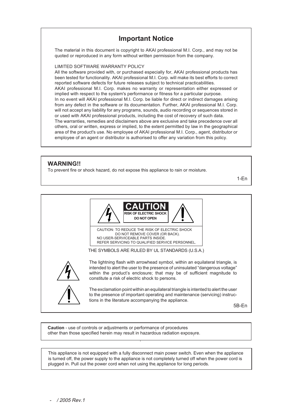 Caution, Important notice, Warning | Akai MPC 1000 User Manual | Page 2 / 120