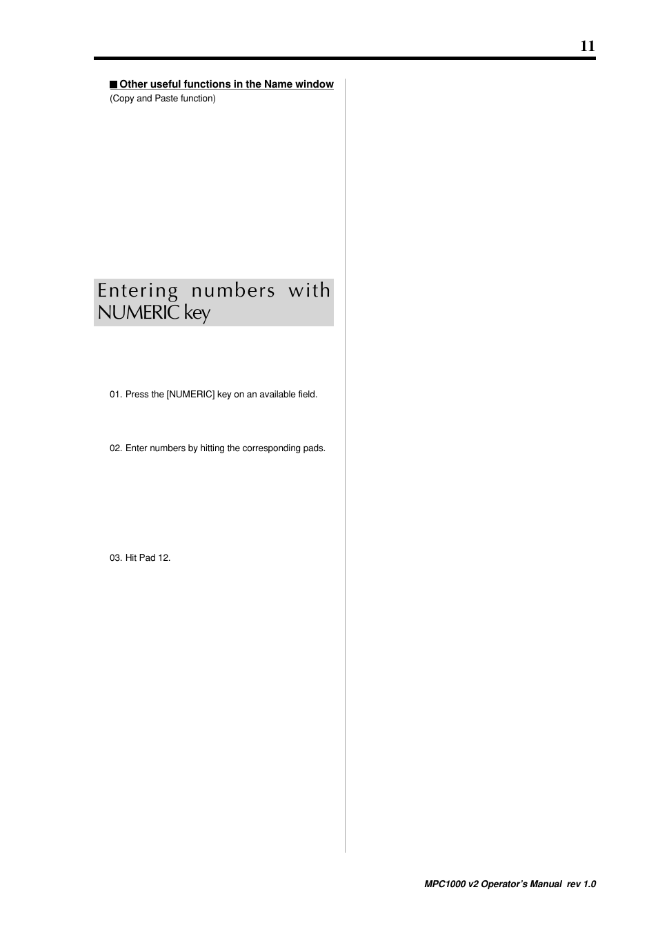 Entering numbers with numeric key | Akai MPC 1000 User Manual | Page 21 / 120