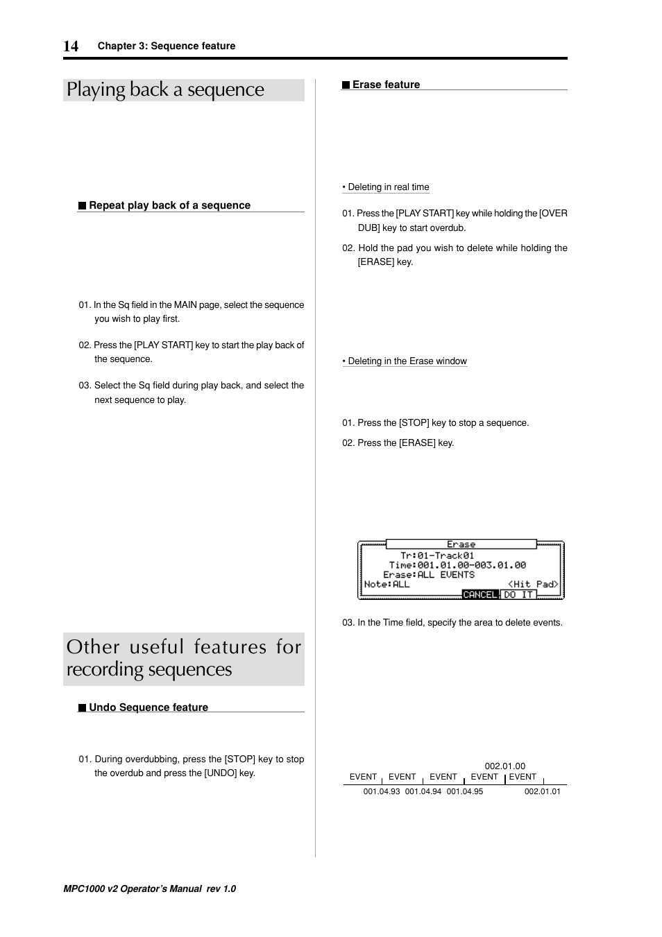 Playing back a sequence, Other useful features for recording sequences | Akai MPC 1000 User Manual | Page 24 / 120