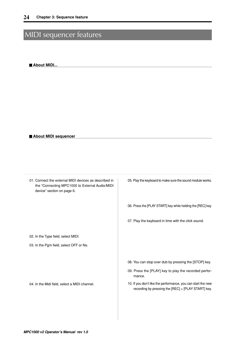 Midi sequencer features | Akai MPC 1000 User Manual | Page 34 / 120