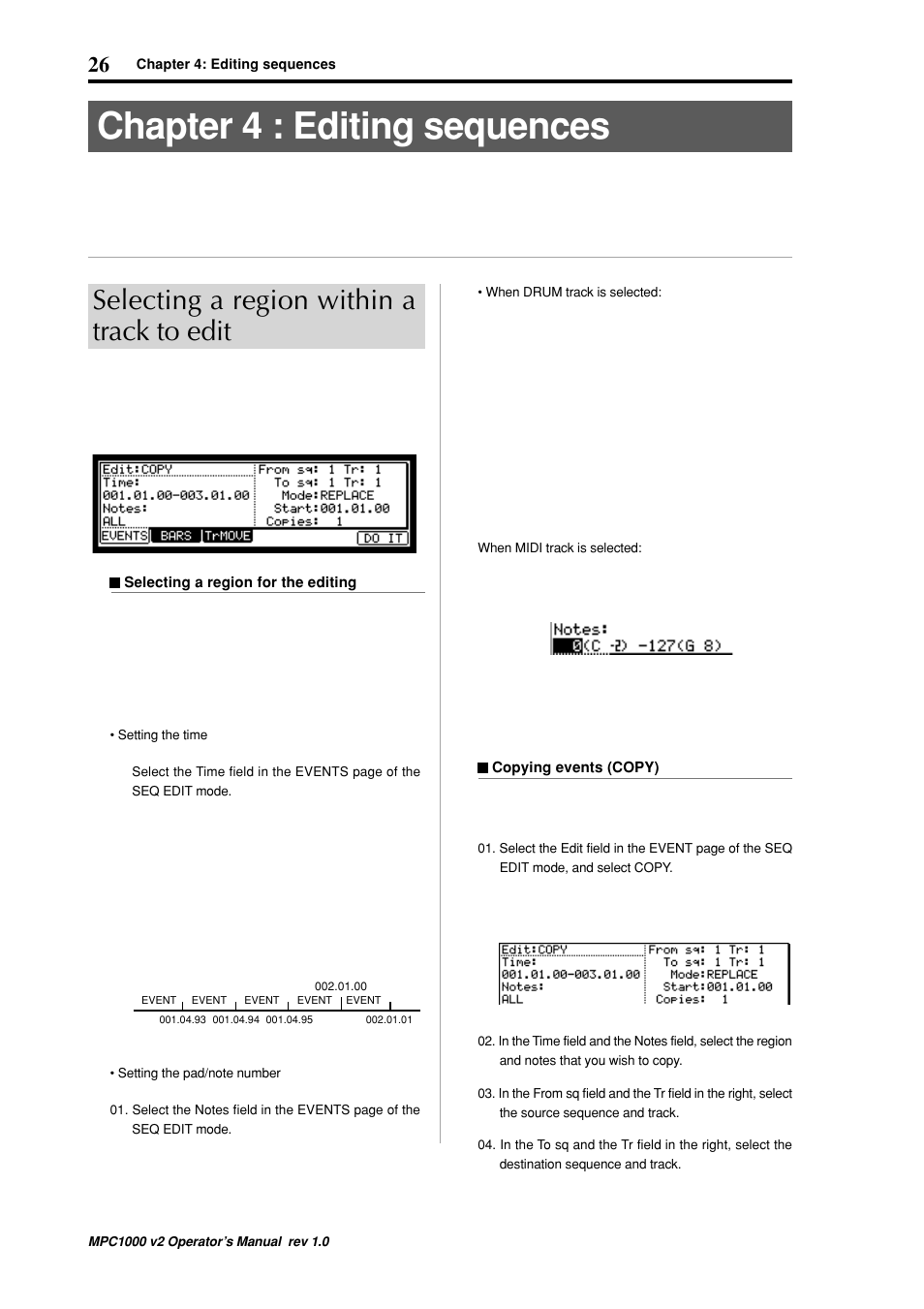 Chapter 4 : editing sequences, Selecting a region within a track to edit | Akai MPC 1000 User Manual | Page 36 / 120