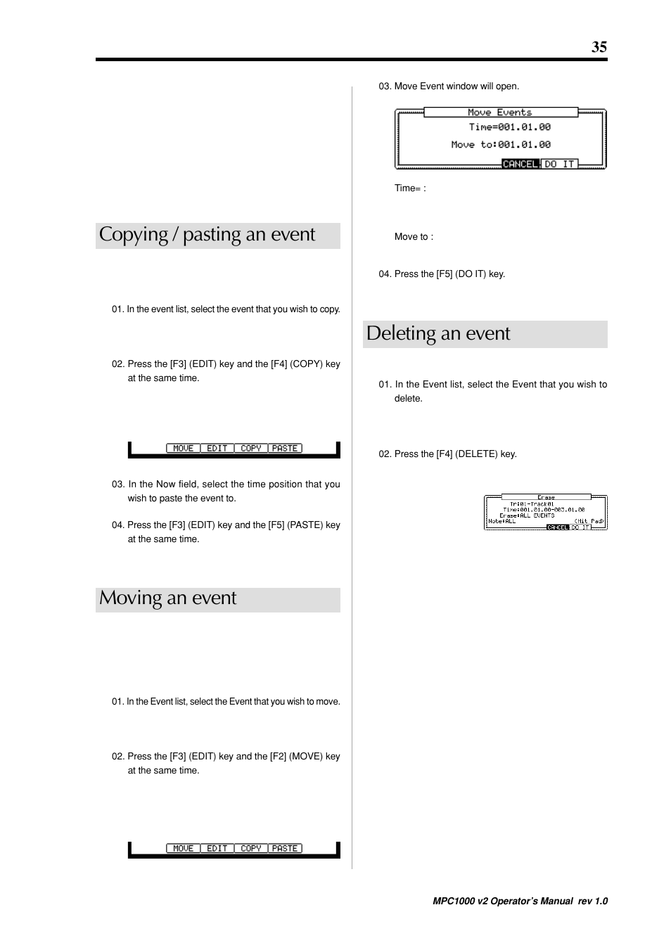 Copying / pasting an event, Moving an event, Deleting an event | Akai MPC 1000 User Manual | Page 45 / 120