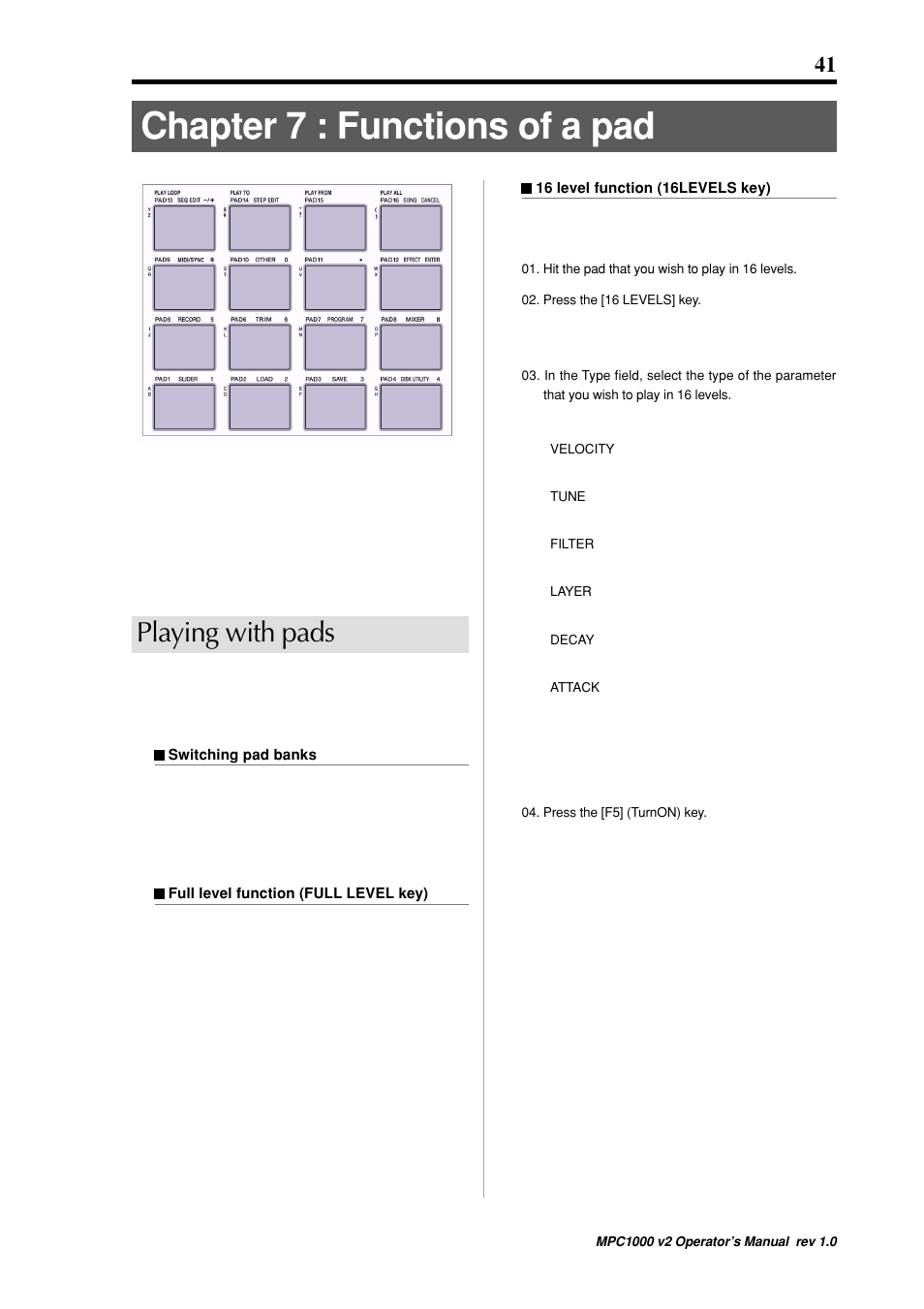 Chapter 7 : functions of a pad, Playing with pads | Akai MPC 1000 User Manual | Page 51 / 120