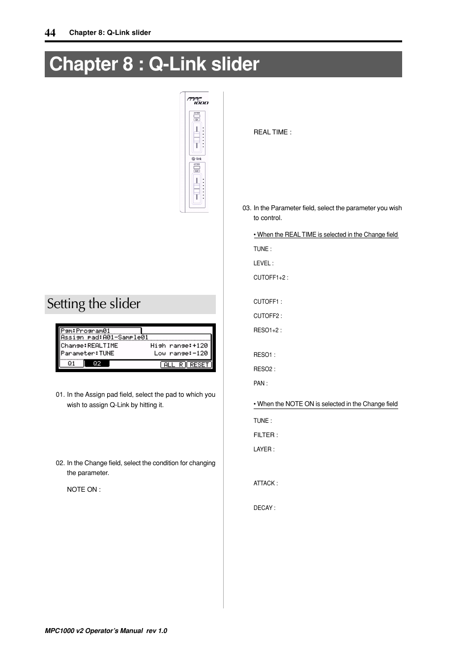 Chapter 8 : q-link slider, Setting the slider | Akai MPC 1000 User Manual | Page 54 / 120