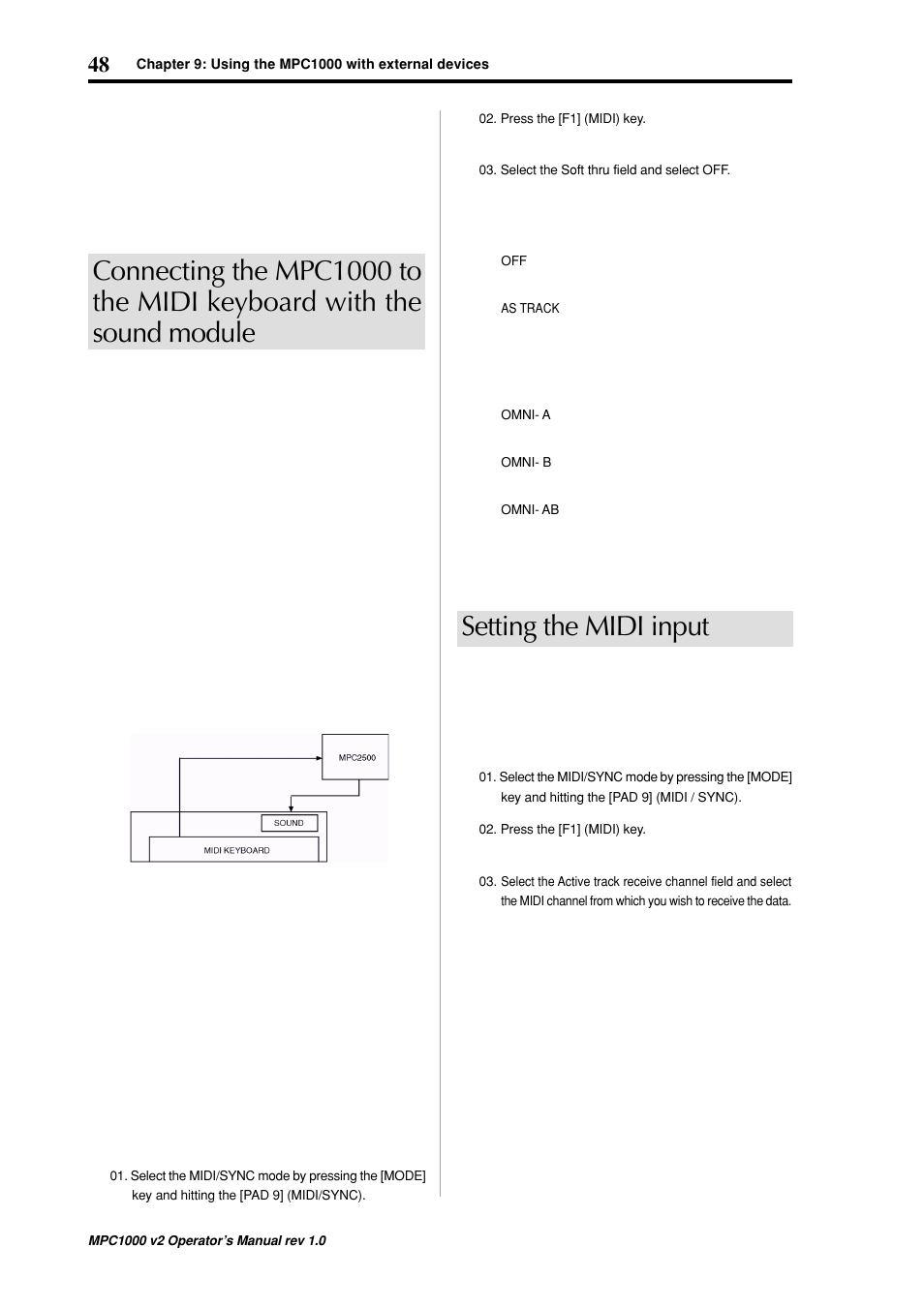 Setting the midi input | Akai MPC 1000 User Manual | Page 58 / 120