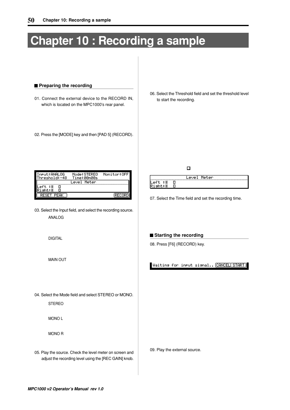 Chapter 10 : recording a sample | Akai MPC 1000 User Manual | Page 60 / 120