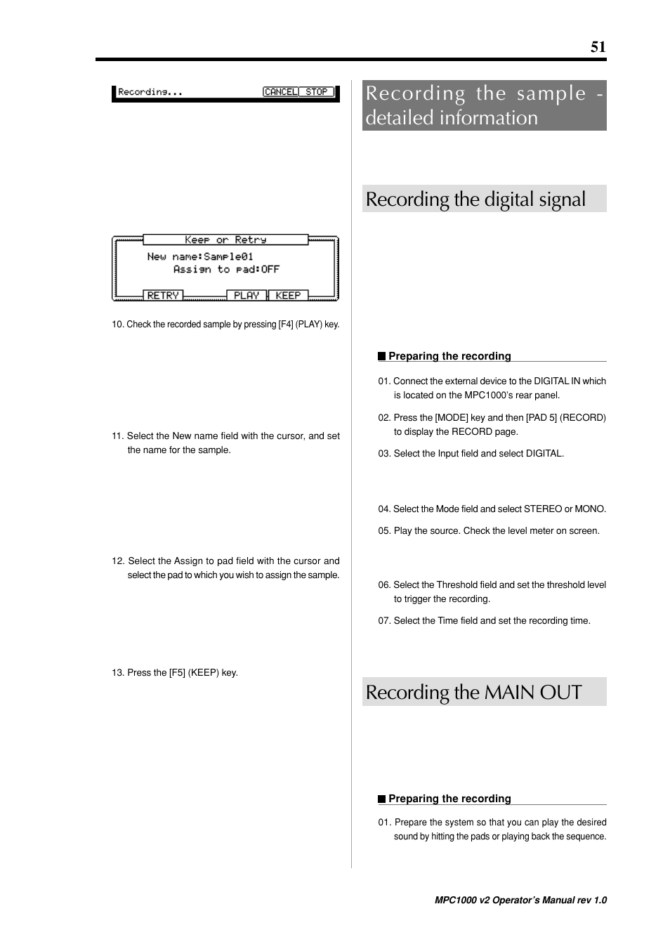 Recording the sample - detailed information, Recording the digital signal, Recording the main out | Akai MPC 1000 User Manual | Page 61 / 120