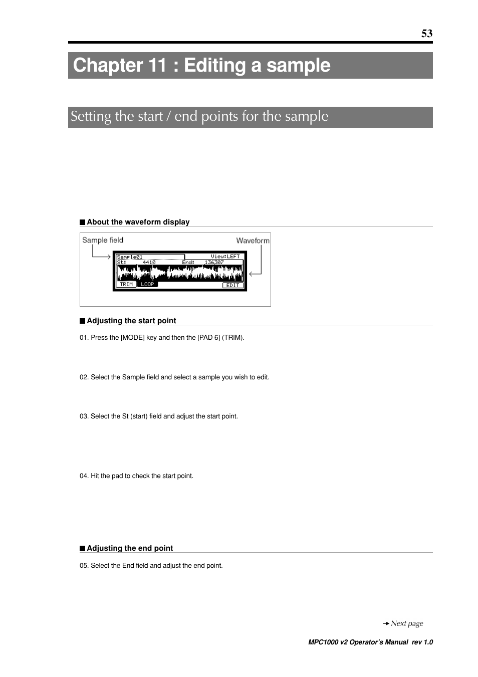 Chapter 11 : editing a sample, Setting the start / end points for the sample | Akai MPC 1000 User Manual | Page 63 / 120