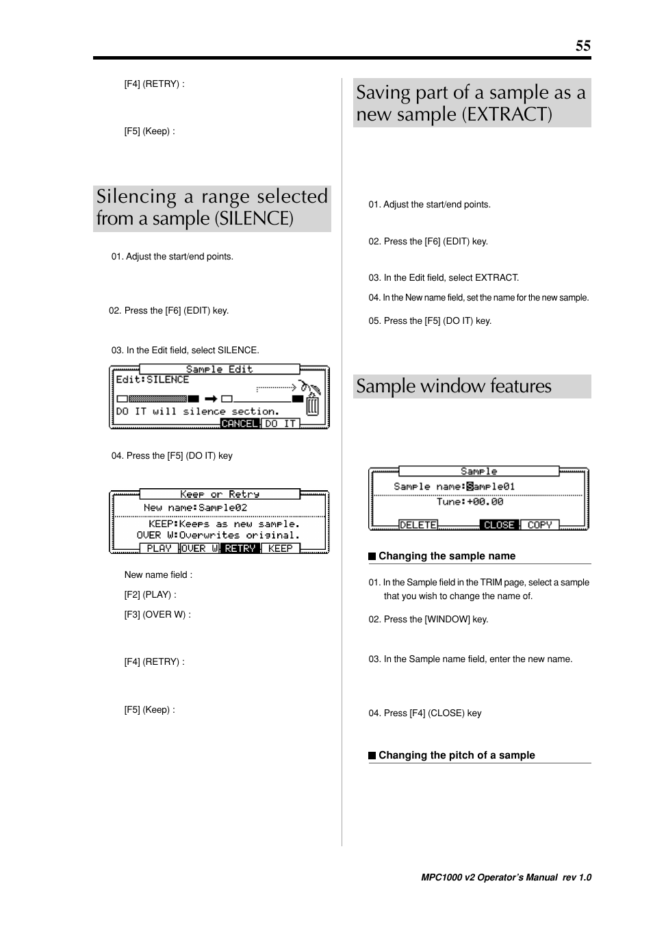 Silencing a range selected from a sample (silence), Saving part of a sample as a new sample (extract), Sample window features | Akai MPC 1000 User Manual | Page 65 / 120