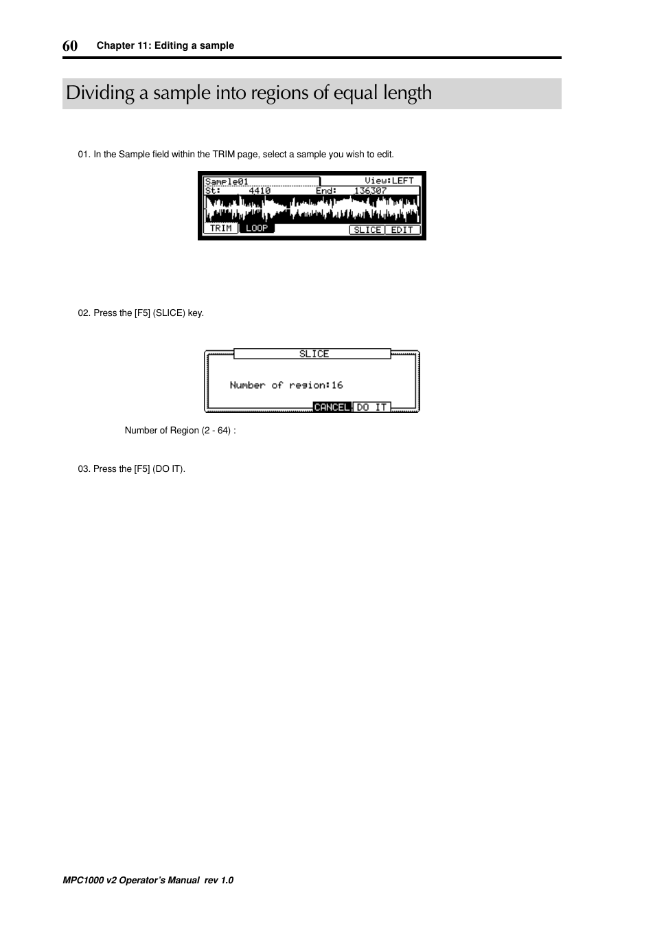 Dividing a sample into regions of equal length | Akai MPC 1000 User Manual | Page 70 / 120