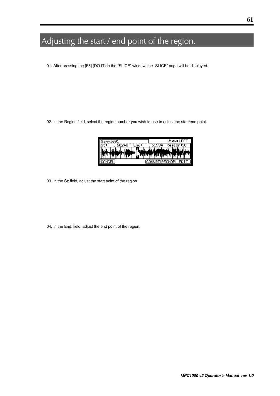 Adjusting the start / end point of the region | Akai MPC 1000 User Manual | Page 71 / 120