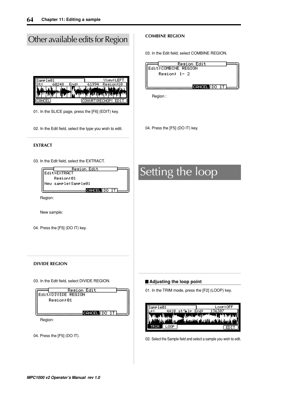 Setting the loop, Other available edits for region | Akai MPC 1000 User Manual | Page 74 / 120