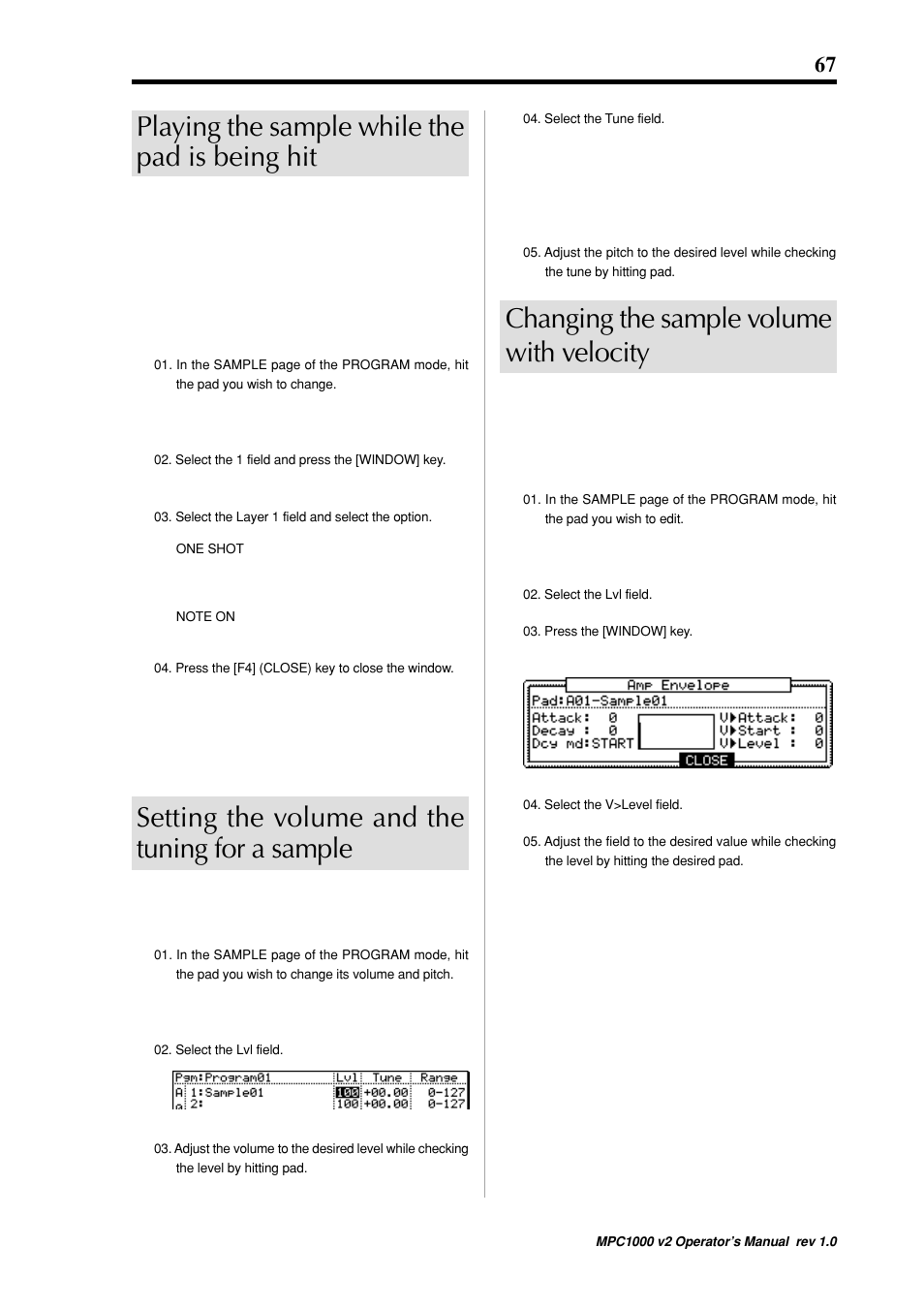 Playing the sample while the pad is being hit, Setting the volume and the tuning for a sample, Changing the sample volume with velocity | Akai MPC 1000 User Manual | Page 77 / 120