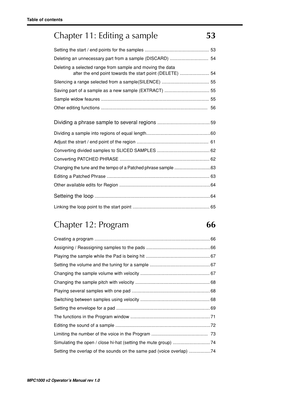 Chapter 11: editing a sample 53, Chapter 12: program 66 | Akai MPC 1000 User Manual | Page 8 / 120