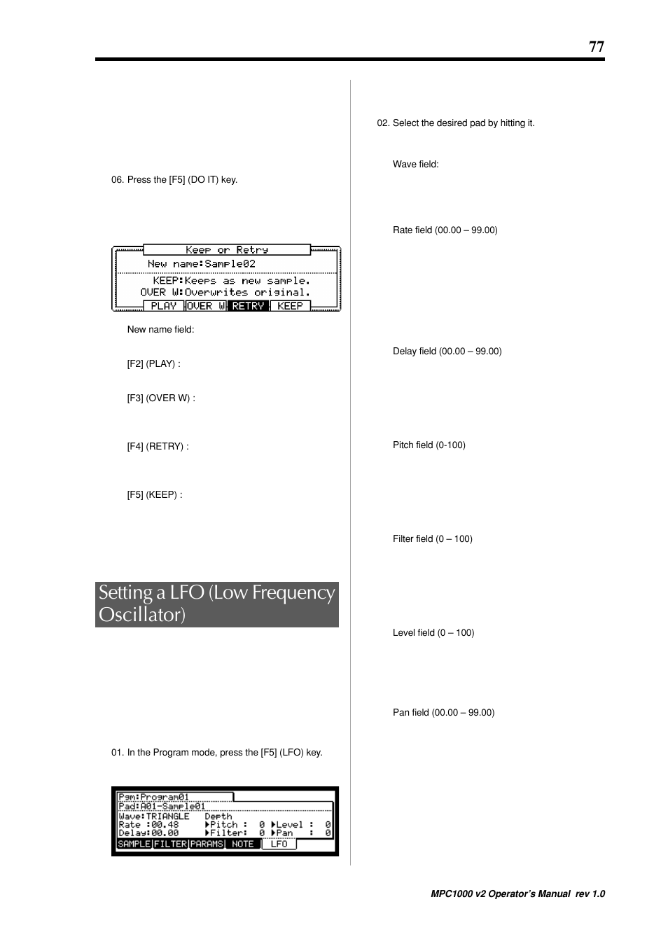 Setting a lfo (low frequency oscillator) | Akai MPC 1000 User Manual | Page 87 / 120