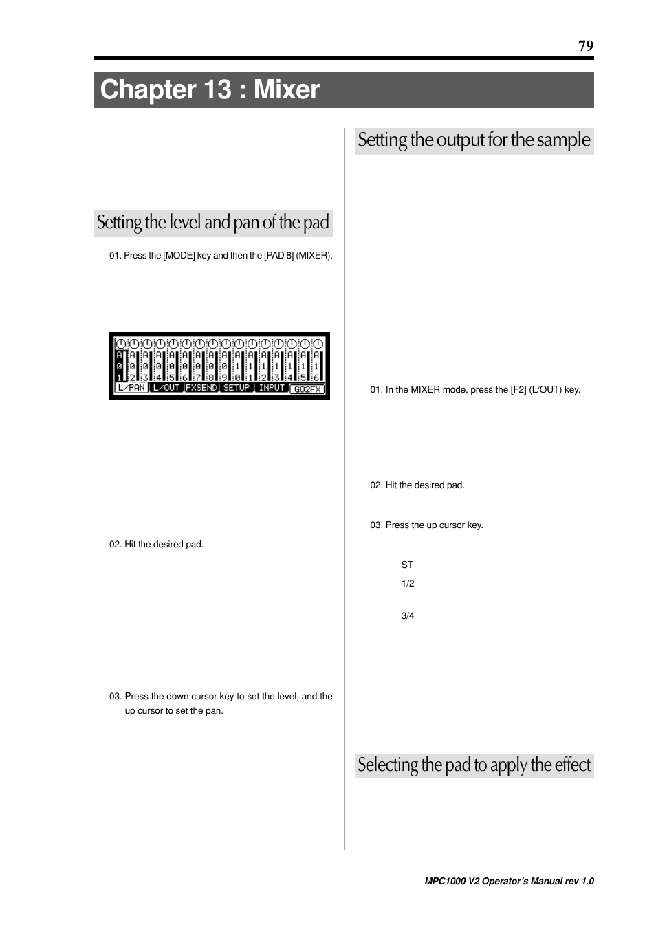 Chapter 13 : mixer, Setting the output for the sample, Selecting the pad to apply the effect | Setting the level and pan of the pad | Akai MPC 1000 User Manual | Page 89 / 120