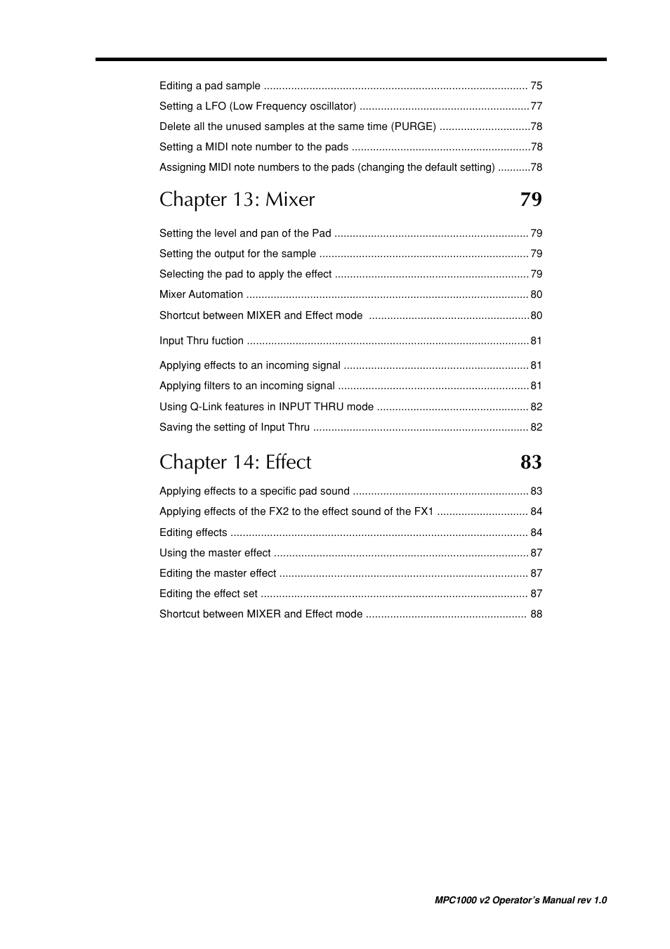 Chapter 13: mixer 79, Chapter 14: effect 83 | Akai MPC 1000 User Manual | Page 9 / 120