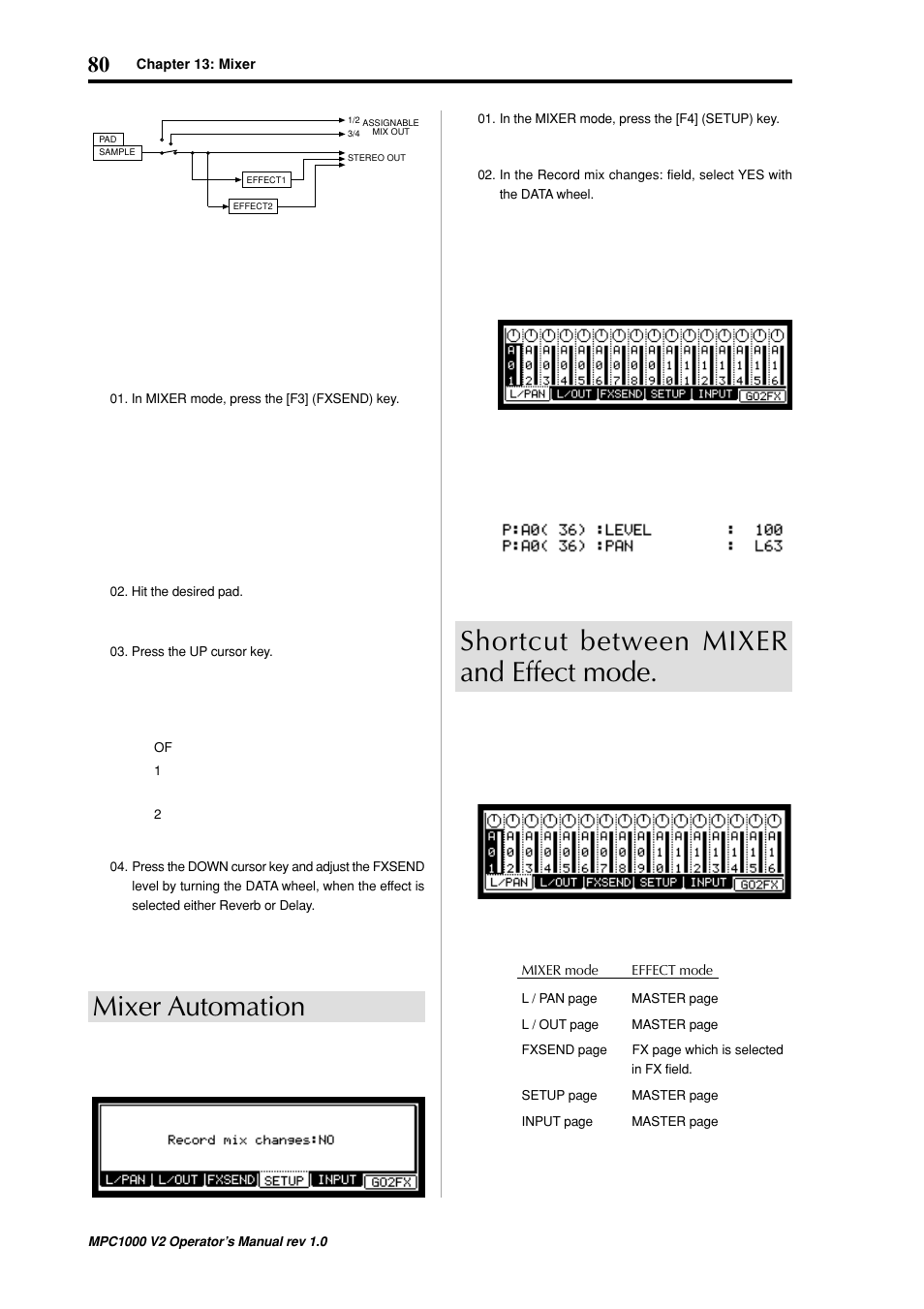 Mixer automation, Shortcut between mixer and effect mode | Akai MPC 1000 User Manual | Page 90 / 120