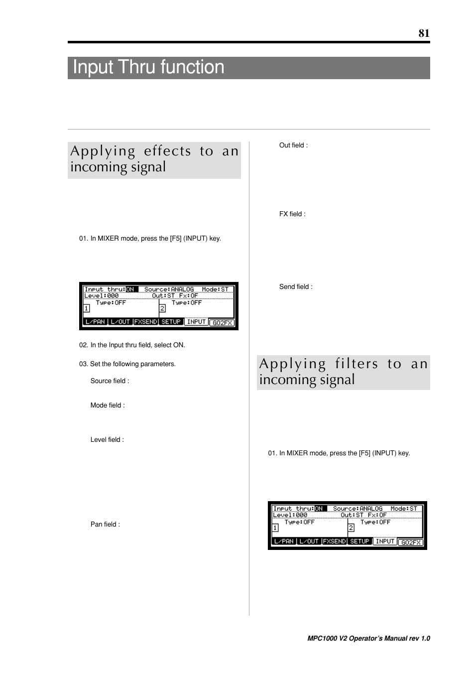 Input thru function, Applying effects to an incoming signal | Akai MPC 1000 User Manual | Page 91 / 120
