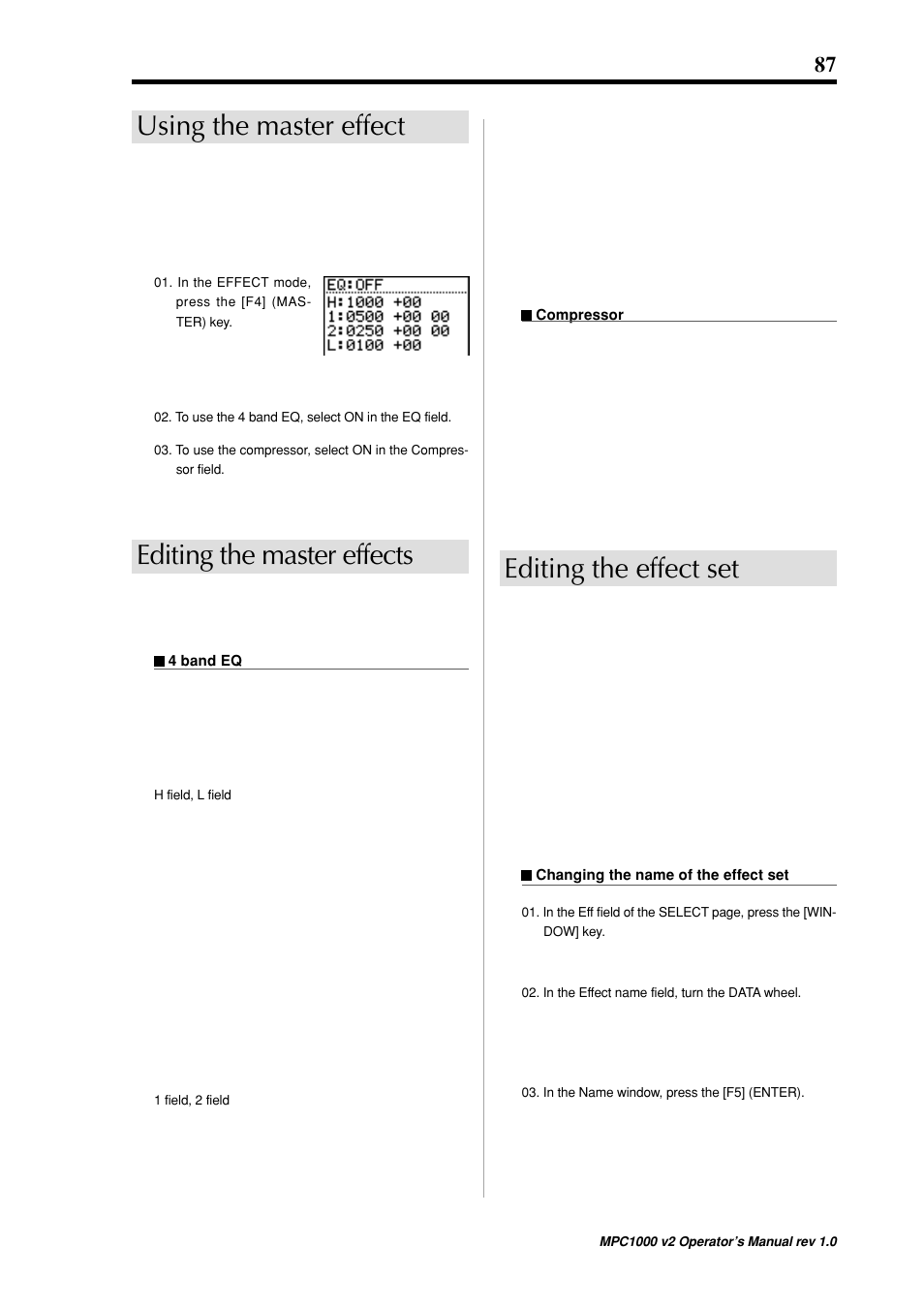 Using the master effect, Editing the master effects, Editing the effect set | Akai MPC 1000 User Manual | Page 97 / 120