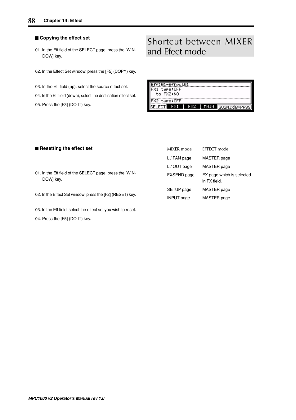 Shortcut between mixer and efect mode | Akai MPC 1000 User Manual | Page 98 / 120