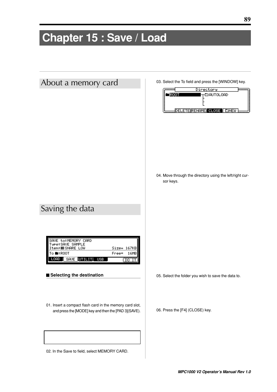 Chapter 15 : save / load, Saving the data | Akai MPC 1000 User Manual | Page 99 / 120