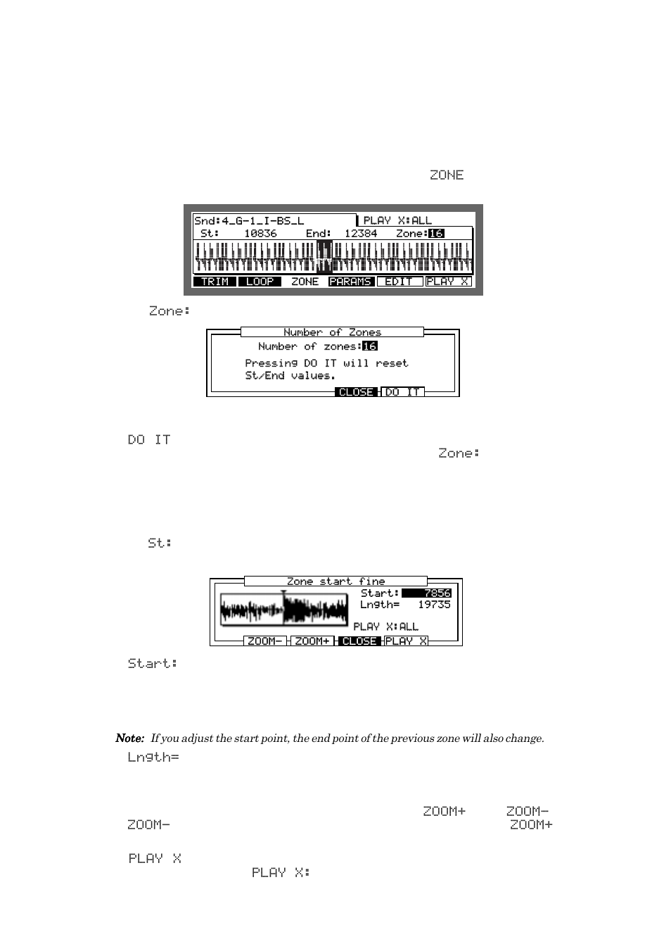 Zone mode, Fine adjustment of the start point of a zone | Akai MPC 2000xl User Manual | Page 114 / 208