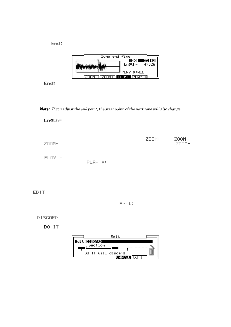 Edit mode, Fine adjustment of the end point of a zone | Akai MPC 2000xl User Manual | Page 115 / 208