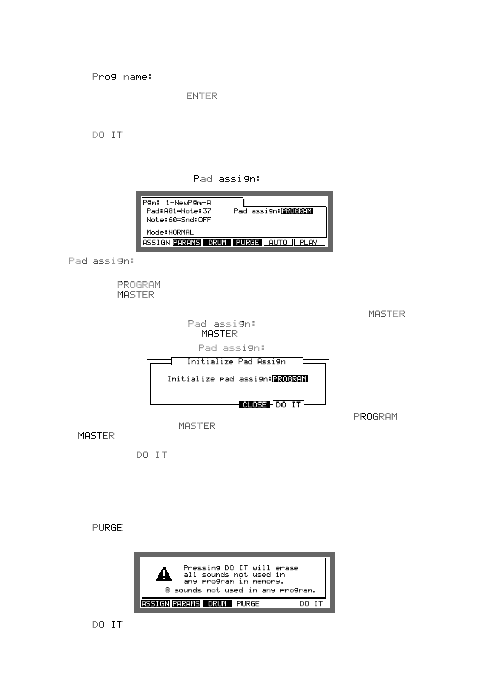The pad assign / initialize pad assign modes, Deleting unused sounds from the memory | Akai MPC 2000xl User Manual | Page 129 / 208