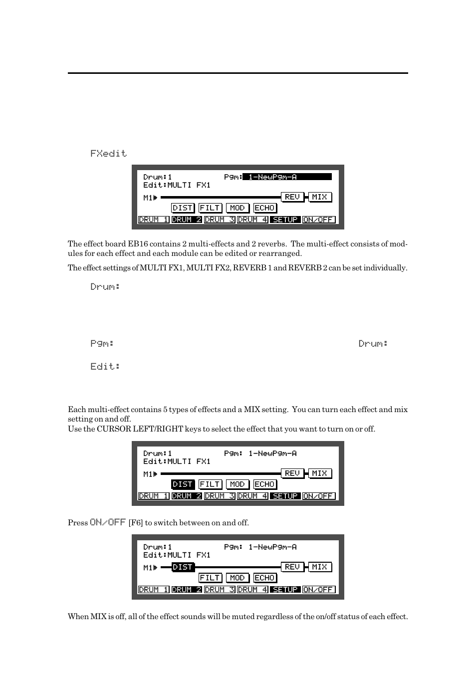 Editing effects, Turning each effect on or off | Akai MPC 2000xl User Manual | Page 149 / 208