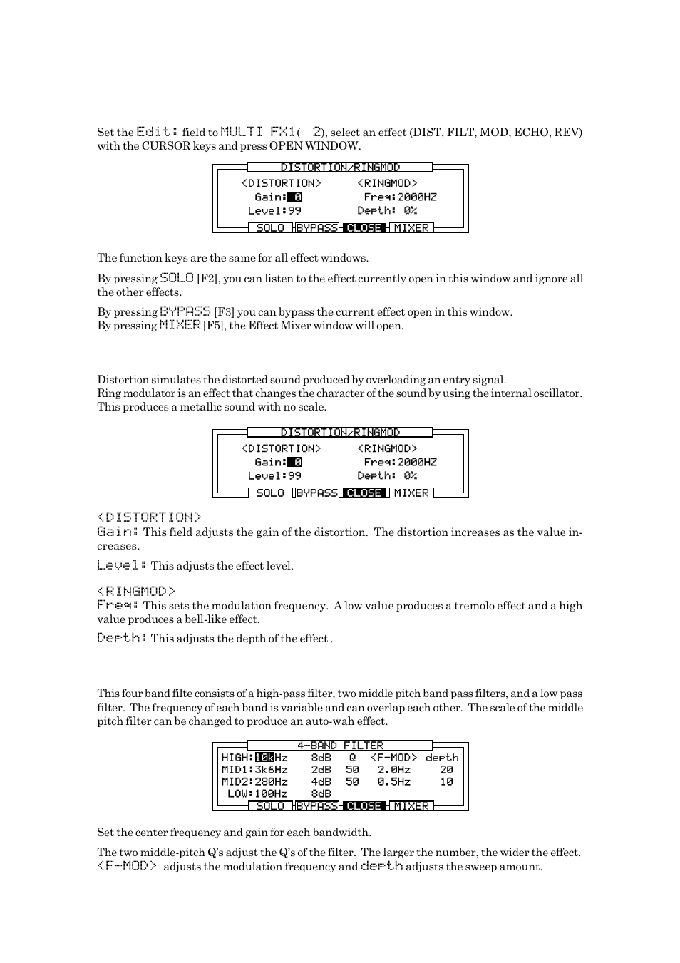 Editing each effect, Distortion/ring modulator, 4 band filter | Akai MPC 2000xl User Manual | Page 154 / 208