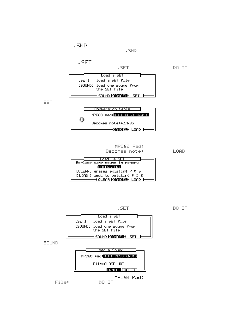 Loading files created on the akai mpc60/60ii, Loading a sound ( .snd ) file, Loading sound set ( .set ) files | Loading a sound from a set file | Akai MPC 2000xl User Manual | Page 181 / 208