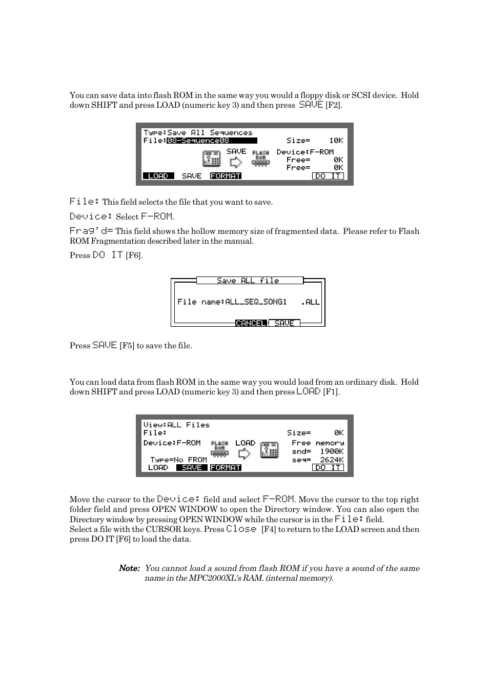 Saving to flash rom, Loading from flash rom | Akai MPC 2000xl User Manual | Page 185 / 208