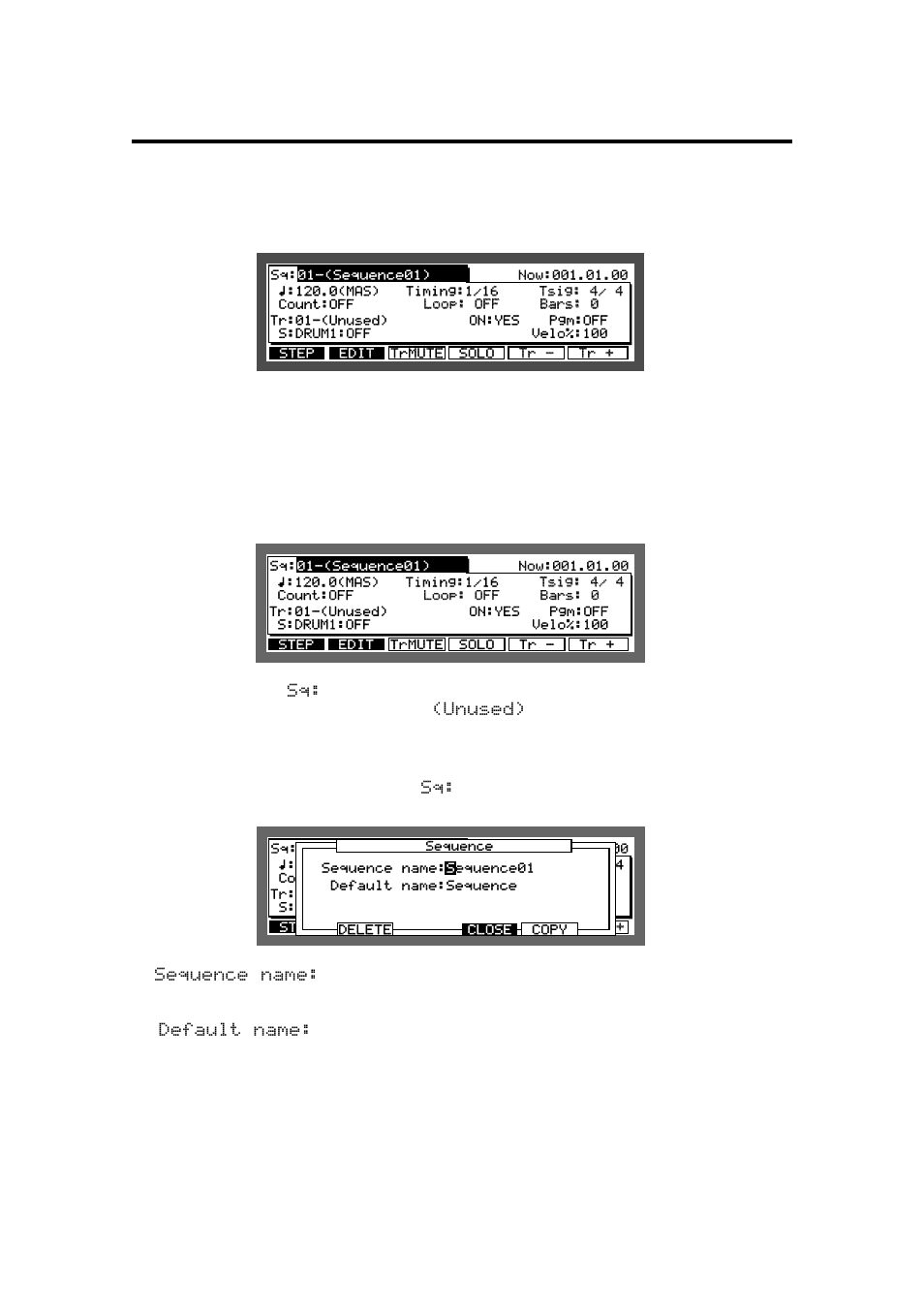 The main screen, Selecting a sequence, Renaming a sequence | Akai MPC 2000xl User Manual | Page 43 / 208