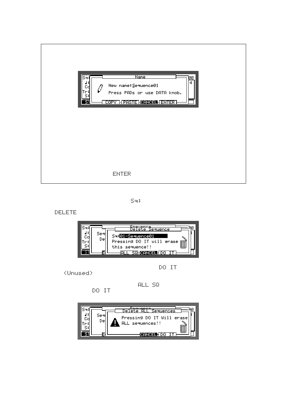 Name window, Deleting a sequence | Akai MPC 2000xl User Manual | Page 44 / 208