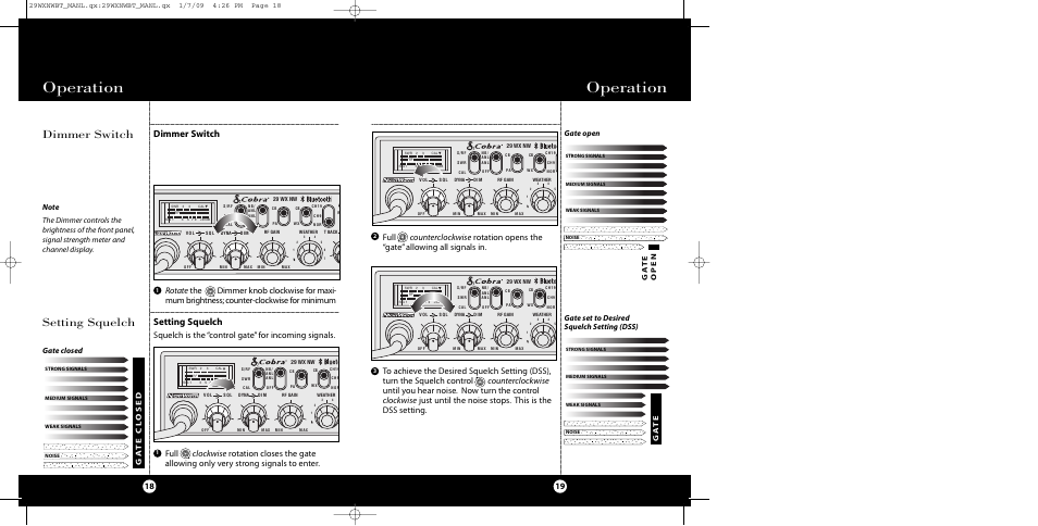 Operation, Dimmer switch, Setting squelch | Dimmer switch setting squelch, Ga t e | Cobra Electronics 29 WX NW BT User Manual | Page 10 / 22