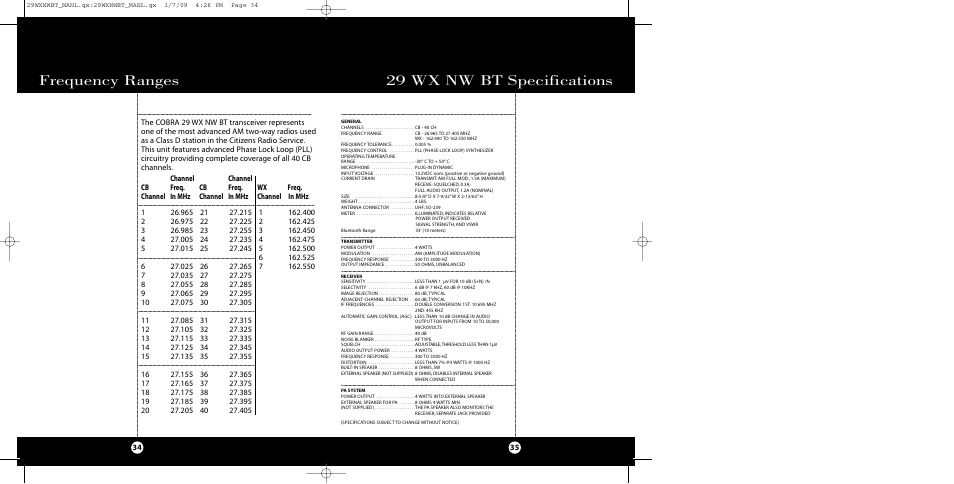 29 wx nw bt specifications frequency ranges | Cobra Electronics 29 WX NW BT User Manual | Page 18 / 22