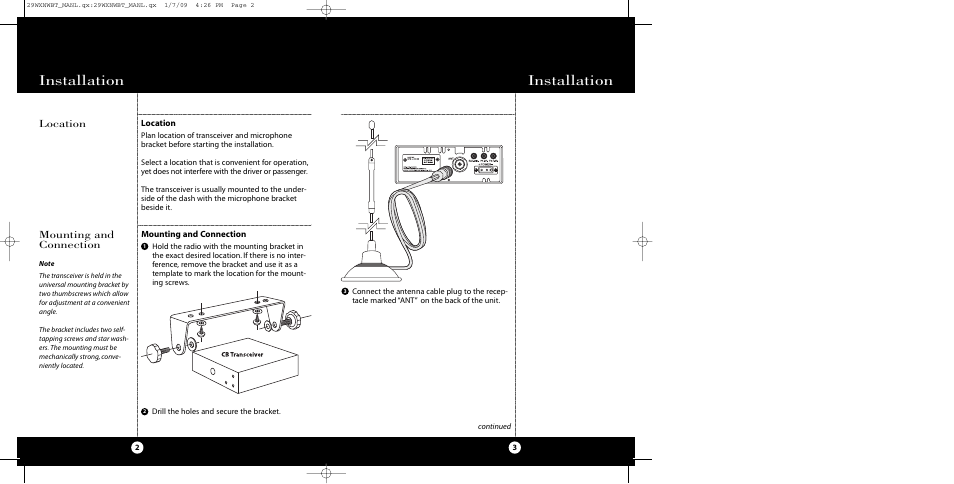 Installation, Location, Mounting and connection | Cobra Electronics 29 WX NW BT User Manual | Page 2 / 22