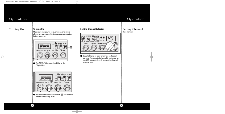 Operation, Turning on setting channel selector, Turning on | Setting channel selector, The cb/pa button should be in the cb position | Cobra Electronics 29 WX NW BT User Manual | Page 5 / 22