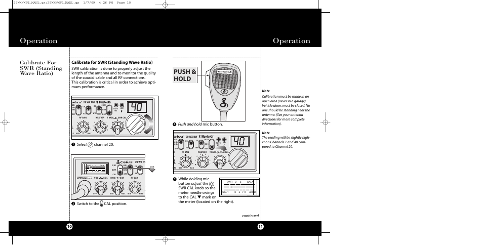 Operation, Push & hold, Calibrate for swr (standing wave ratio) | 11 10 continued, Select channel 20 | Cobra Electronics 29 WX NW BT User Manual | Page 6 / 22