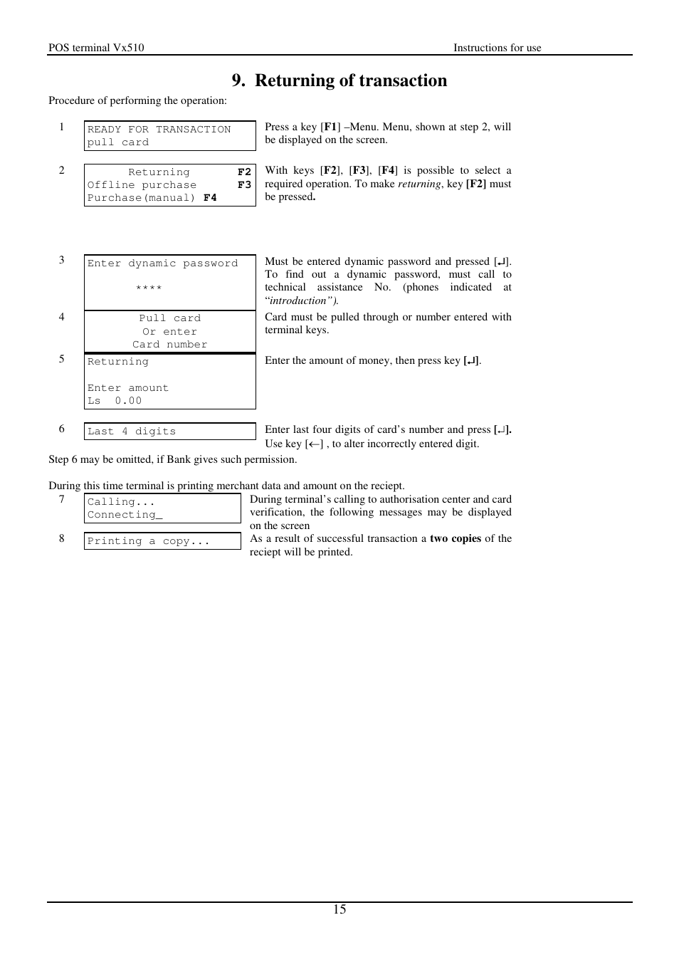 Returning of transaction | VeriFone Vx510 User Manual | Page 15 / 28