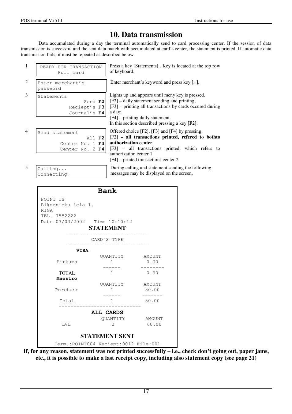 Data transmission, Bank, Statement | All cards, Statement sent | VeriFone Vx510 User Manual | Page 17 / 28