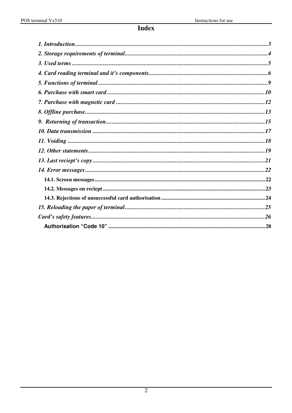 Index | VeriFone Vx510 User Manual | Page 2 / 28