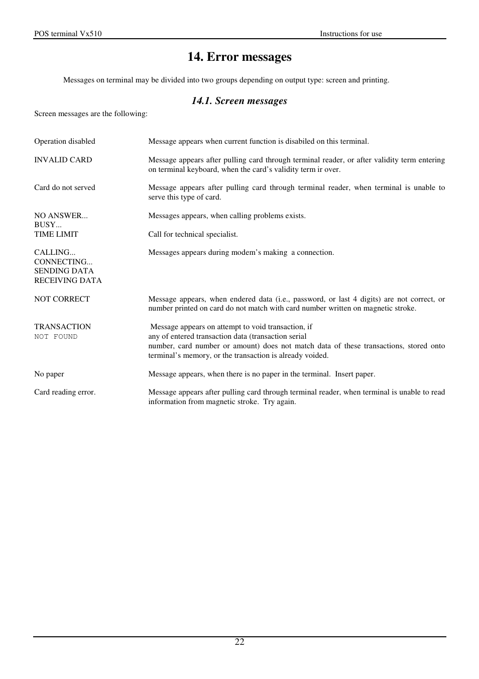 Error messages, Screen messages | VeriFone Vx510 User Manual | Page 22 / 28