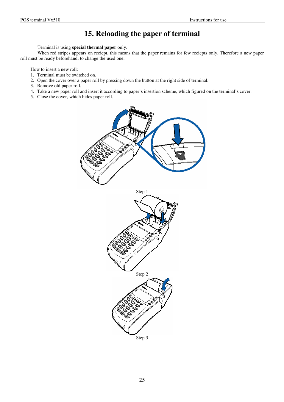 Reloading the paper of terminal | VeriFone Vx510 User Manual | Page 25 / 28