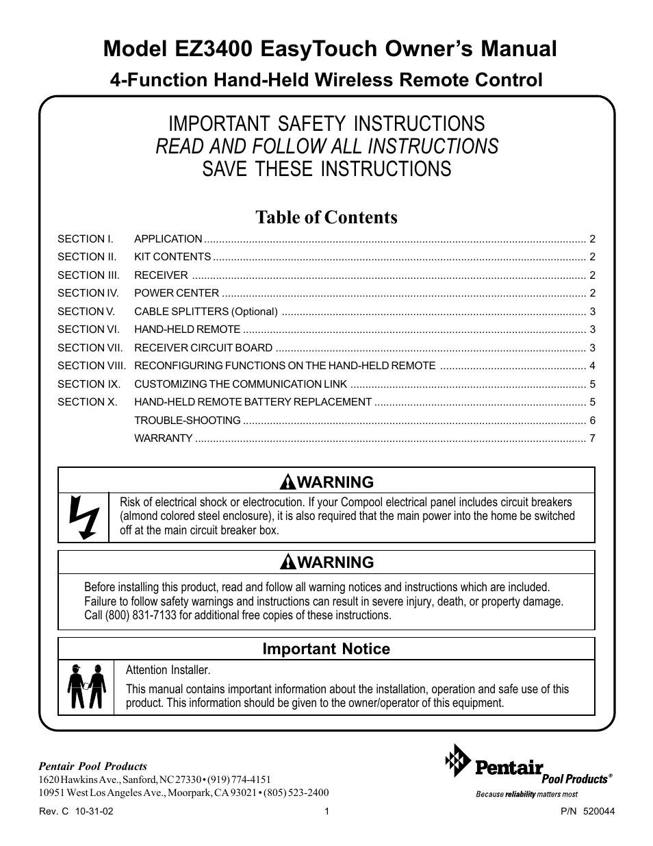 Pentair EasyTouch EZ3400 User Manual | 8 pages